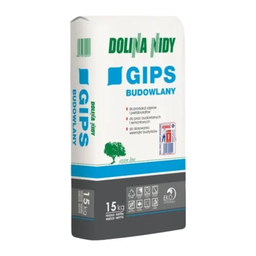 Gips Budowlany Dolina Nidy 15kg Do wygładzania powierzchni, tworzenia płaskich i gładkich powierzchni i naprawy uszkodzeń na ścianach i sufitach. Producentem gipsu jest marka Atlas. Gips opakowany jest w worek papierowy o pojemności 15kg