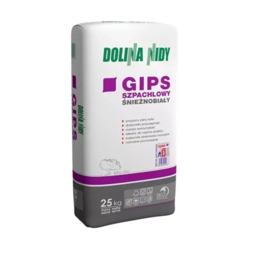 Gips szpachlowy Śnieżnobiały Dolina Nidy 25kg marki Atlas służy do wypełniania ubytkow w scianach i sufitach. Gips jest w kolorze śnieżnobiałym, opakowany w plastikowy worek o pojemności 25kg