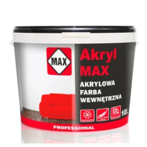 Farba akrylowa Max 5l oraz Farba akrylowa Max 10l służą do malowania ścian i sufitów wewnątrz budynków. Producentem farby jest Max Techna. Farba jest zapakowana w wiadrze o pojemności 5l lub 10l