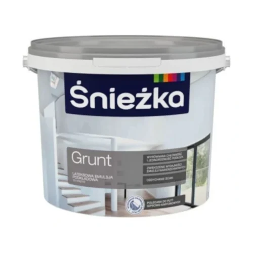 Śnieżka Grunt 10l oraz Śnieżka Grunt 5l to lateksowa emulsja podkładowa do wnętrz marki Śnieżka. Opakowana w wiadro o pojemności 10L